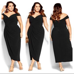 City Chic Ripple Love Off the Shoulder Maxi Dress Black Plus size 24